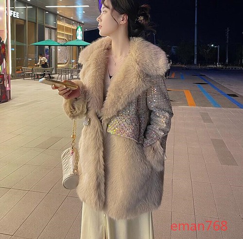 Women Big Collar Faux Fur Coats Sequins 