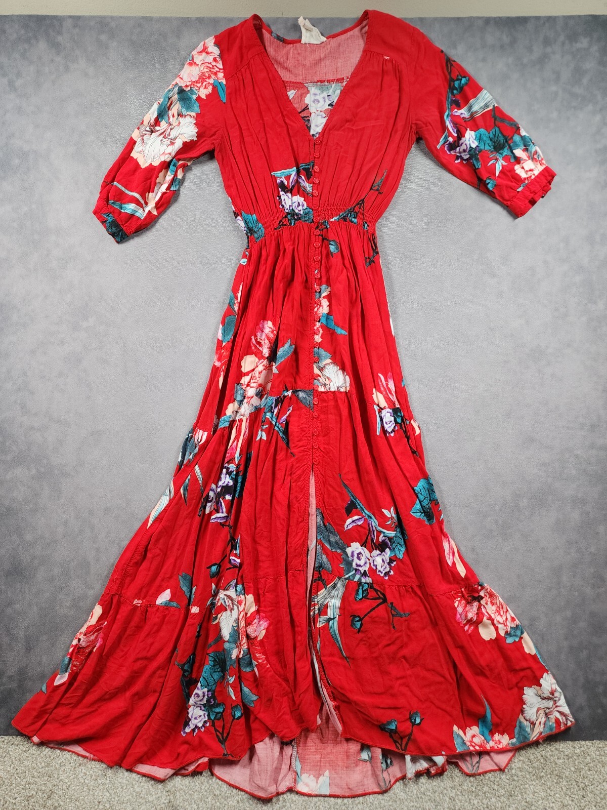 Jaase Maxi Dress Women's Medium Red Floral Button Front Smocked Waist Prairie-image