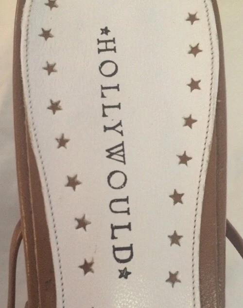 Hollywould Tan Leather Thong Sandals 3" Heel Metal Coin Embellishments Sz 9 1/2 - Image 3 of 4