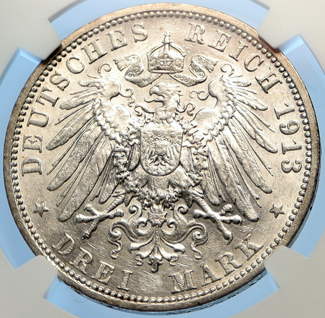 1913 A GERMANY GERMAN STATES PRUSSIA WILHELM II Silver 3 Marks