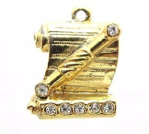 Authentic Vintage Gold Plated Clear Rhinestone Scroll Diploma Charm Necklace Pendant