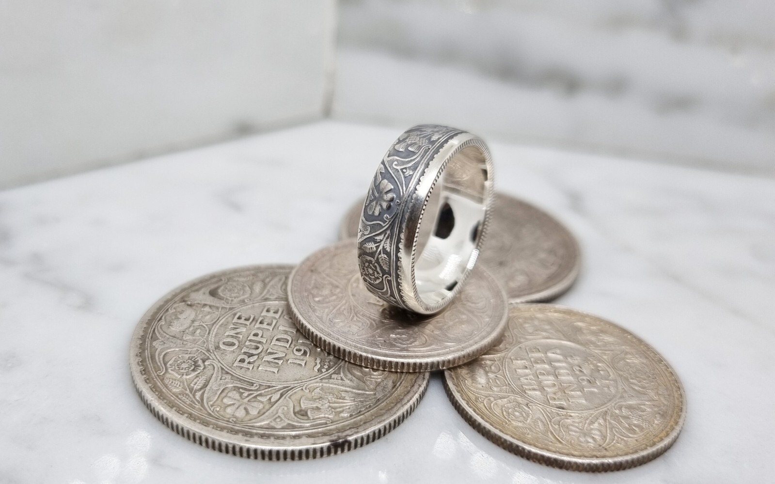 Bague pièce de monnaie indienne 1 Rupee alliance argent look bohème