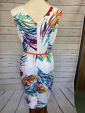 Vintage ELLEN TRACY Pencil Dress 6 White Pique Abstract Floral Sleeveless Belted