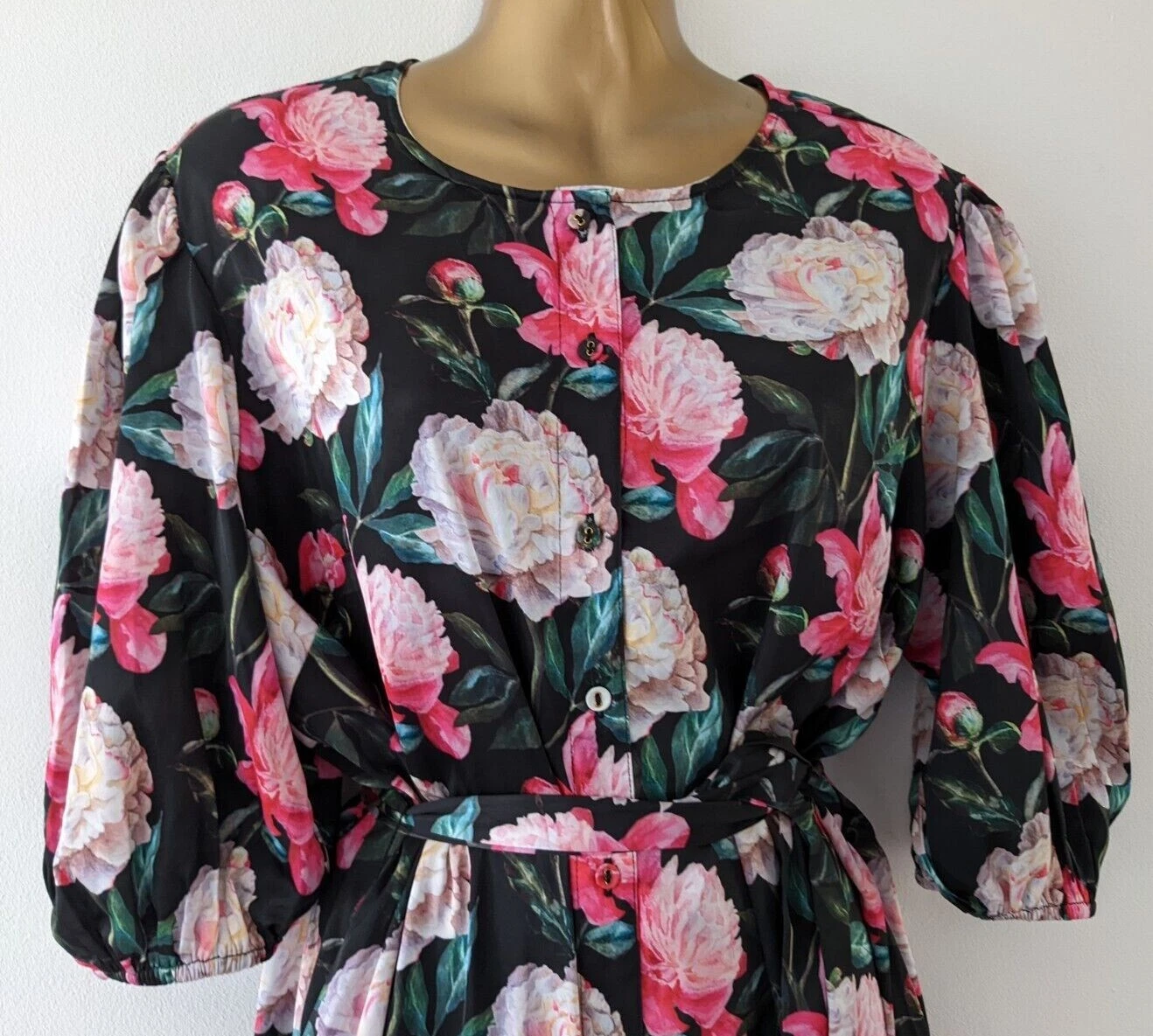 VALENTINO Abito donna RAISHMA VALENTINA nero floreale bottoni davanti cintura occasione taglia 16