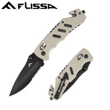 FLISSA Stainless Steel Folding Pocket Knife w/Glass Breaker and Seatbelt Cutters