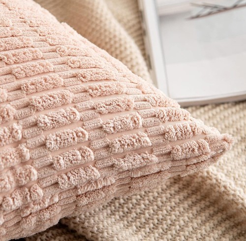 Pack of 2 Corduroy Decorative Throw Pillow Covers 16x16 In Soft Bed Pink - Picture 3 of 11