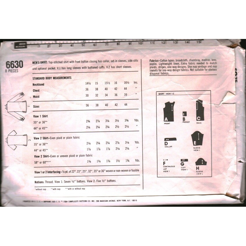 Simplicity 6630 Mens Shirt Sewing Pattern Size 40 Chest Long Short