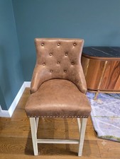 Set of 6 Luxury Button Tufted Bar Stools Chrome Ring Pull Kitchen Chairs Tan