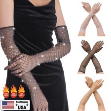 Rhinestones Long Fishnet Gloves Shiny Stylish Mesh Love Gloves Christmas Party