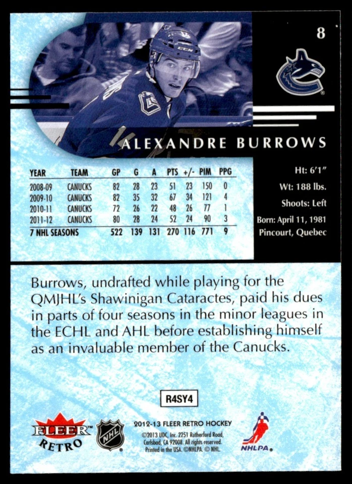 2012-13 Fleer Retro Alexandre Burrows #8 - Image 2 of 2