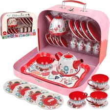 Tea Set for Little Girls, Pretend Play Tea Party Set Design Kids Tin Tea Floral
