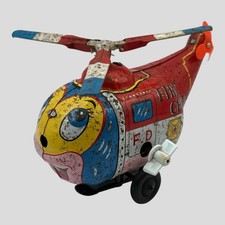 Nomura TN Japan Tin Litho Fire Chief Helicopter Wind-Up Toy 14cm Vintage