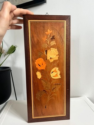 Vintage Holz Wandrelief Blumen Intarsien Mid Century Scandi MCM Boho Deko