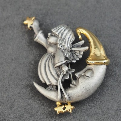 Vintage Daria Brooch Pin Celestial Angel Child Moon Stars Pewter Gold Two Tone
