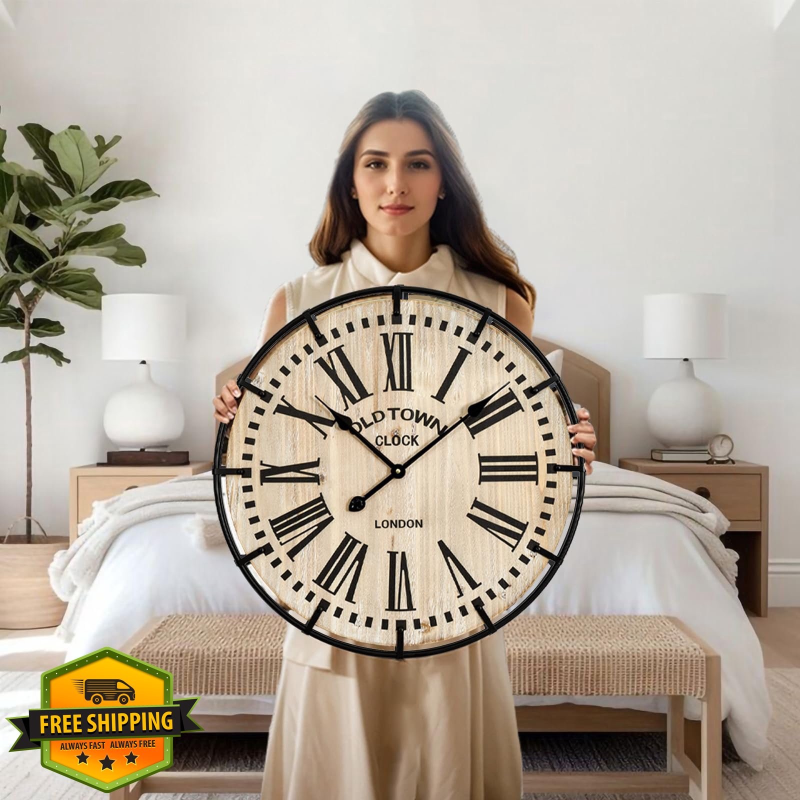 EMAX HOME 24" Rustic Farmhouse Wall Clock Silent Tick Wooden Decor