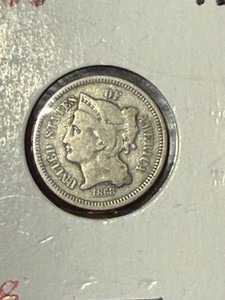 1868 U.S. 3-CENT THREE CENT NICKEL 3c COIN , Civil War Era, 158 Years Old!