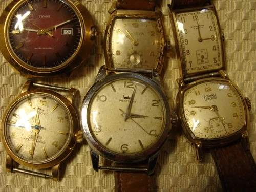 6 vintage wristwatches Bulova Waltham New Ardath Bruner Timex for parts