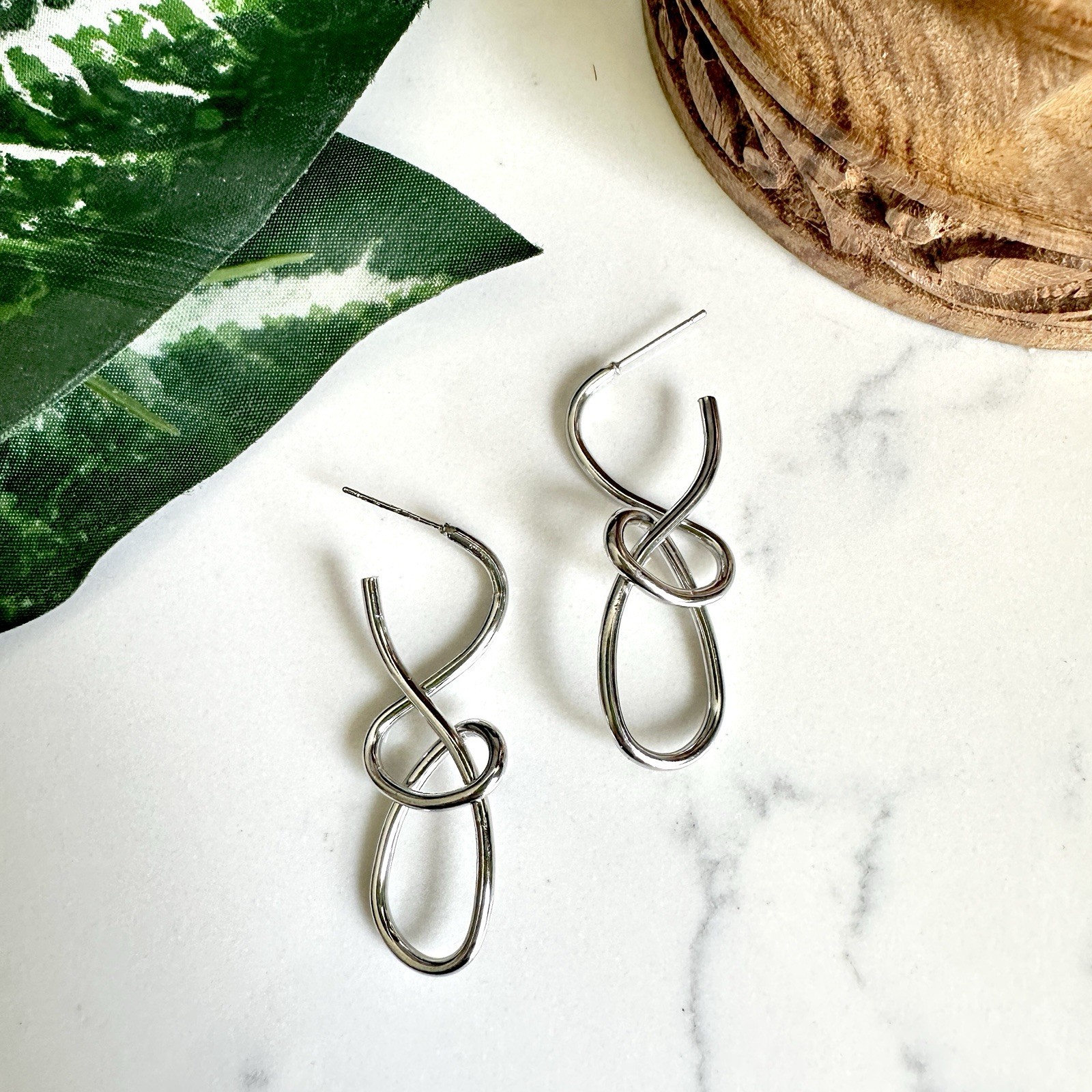 Silver Knitted Twist Earrings Dangle Looped Linear Simple Jewelry Boho Gift NEW
