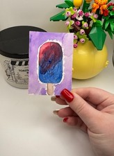 ACEO Original Art Card LKZArtCreations Watercolor Red/Blue Popsicle Painting