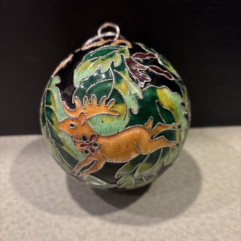 26) CLOISONNE CHRISTMAS BALL ORNAMENT with REINDEER & LEAVES