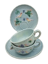 2 Zell Blue Majolica Bird Grape 8" Snack Plate and Teacup Sets Baden GermanyAqua