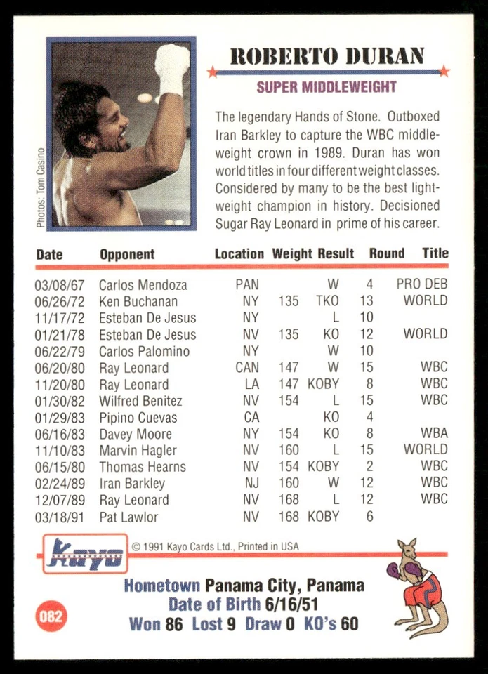 1991 KAYO BOXING ROBERTO "MANO DE PIEDRA" DURAN #82 - Image 2 of 2