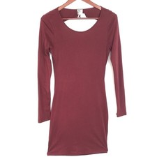 Womens Burgundy Long Sleeve Open Back Mini Dress Small 100% Cotton Minimalist