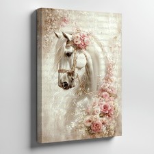 White Arabian Horse Canvas Wall Art With Pink Rose Flowers Elegant Floral Print