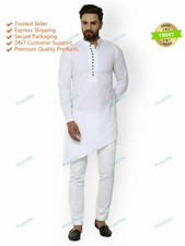 Mens Cotton Long Kurta White Top Tonic Indian Traditional Party Dress Kurta