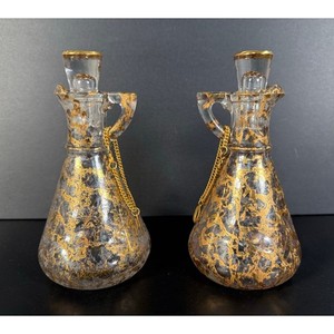 Vintage Hazel Atlas Glass Oil & Vinegar Cruet – Gold Leaf – 5" Tall