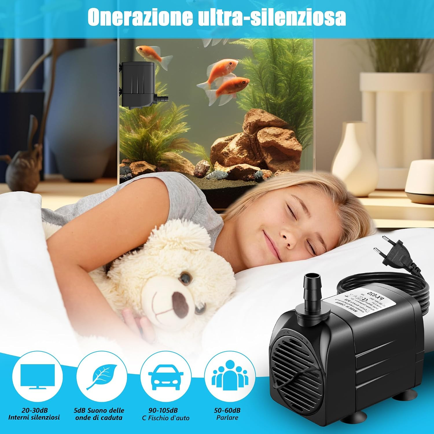 Pompa Ad Acqua Sommergibile 25W, 2000 L/H Pompa per Acquario ,Ultra-Silenziosa , foto 3