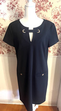 Tommy Hilfiger Classic Black Shift Dress Size 12 EC Gold-Tone Grommet Accents