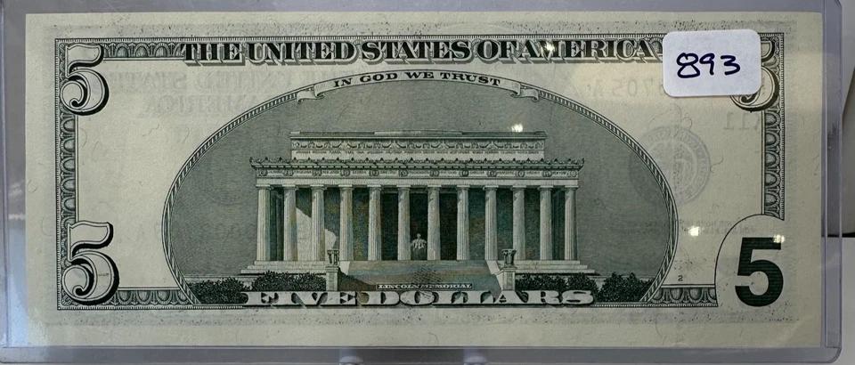 $5 1999 Low Serial Number Federal Reserve Bank Note Bill - #893* - Image 2 of 2