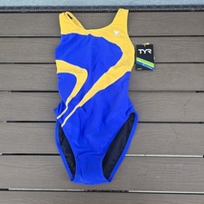 TYR Nylon Alliance Splice Womens Maxfit Swimsuit Royal Blue/gold size 32 New
