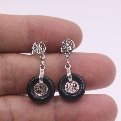 18K Gold Cover Alloy Handmade Black Agate Jade Round Earrings Stud 1inch H