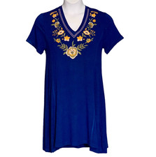 Alya Embroidered Floral Dress Blue Short Sleeve V Neck Boho Cottage Cruise Sz M