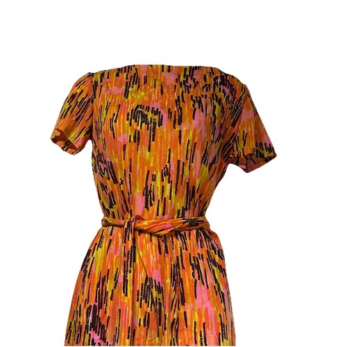 Vintage David Crystal Abstract Print Dress Orange Pink Belted Retro 60s Mod M - Picture 2 of 5