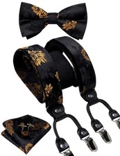 Black Gold Paisley Bow Tie and Supenders for Men Tuxedo Heavy Duty 6 Clips Su...