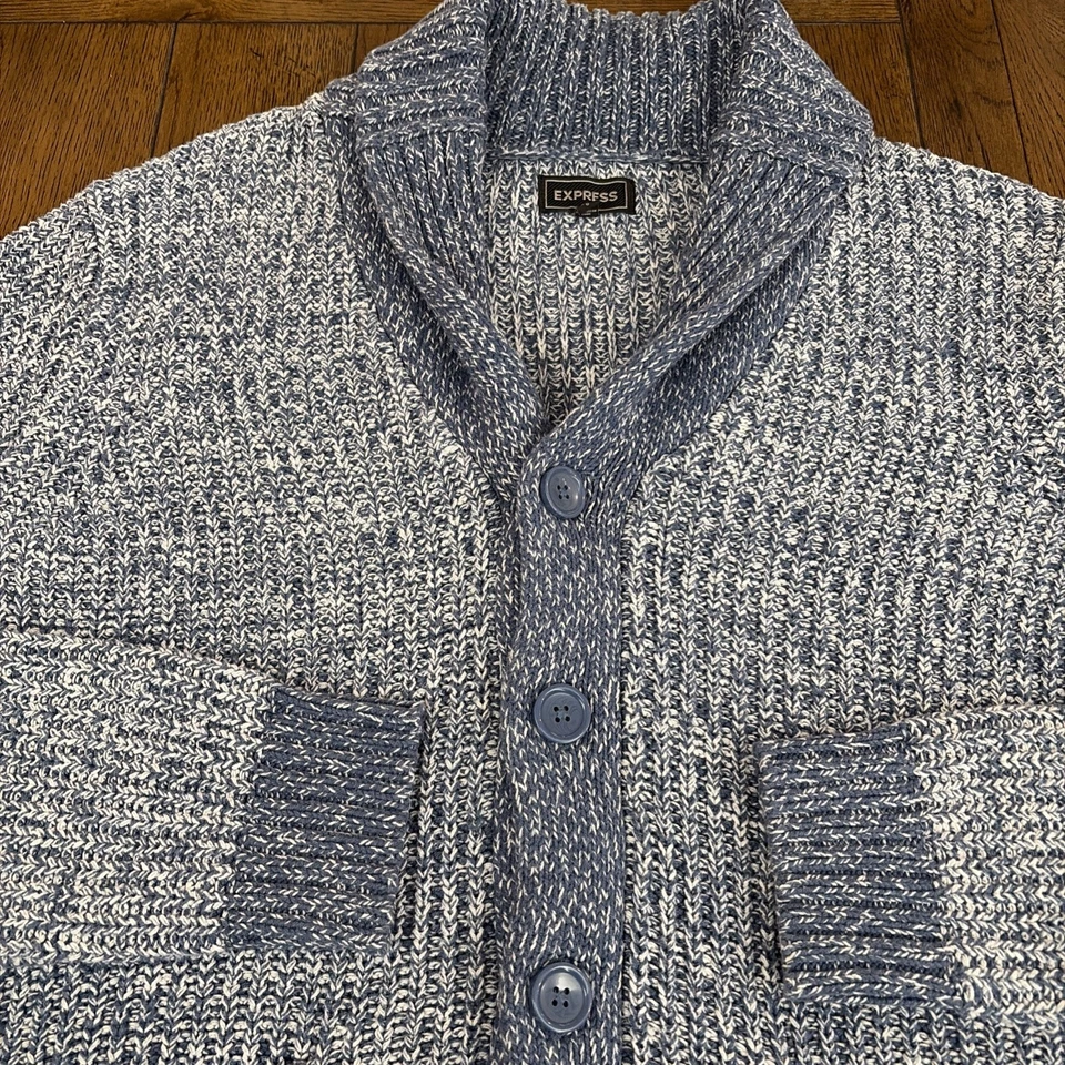 Cárdigan chal grueso Express para hombre botones azules Academia Heritage preppy talla L Foto 3 de 4