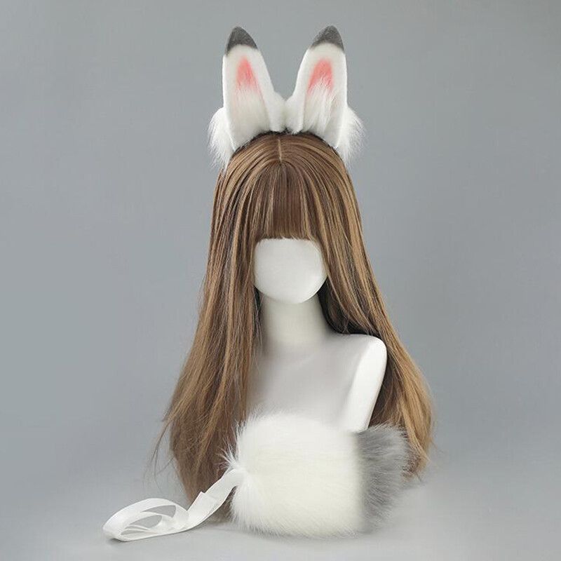 Furry Bunny Ears Headband Cute Lolita Plush Cosplay Animal Tail