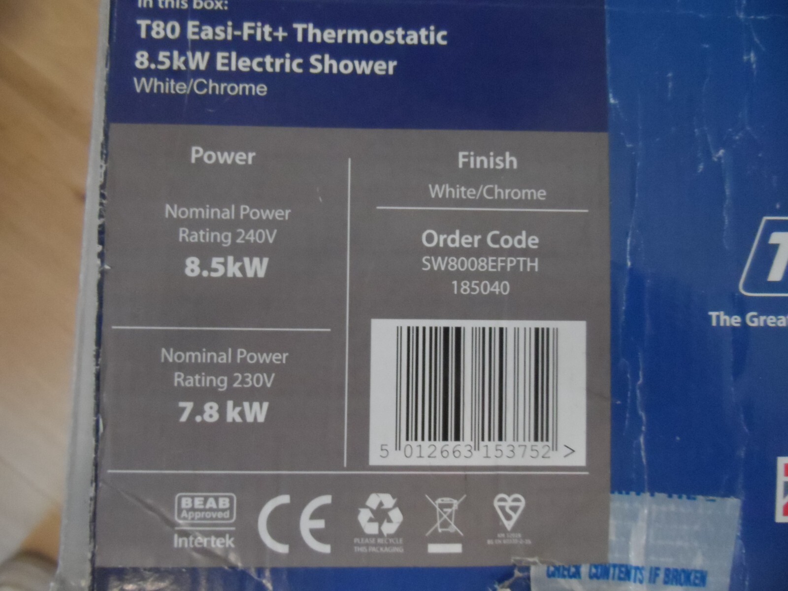 Triton T80 EasiFit+ 8.5kw Thermostatic Electric Shower In White