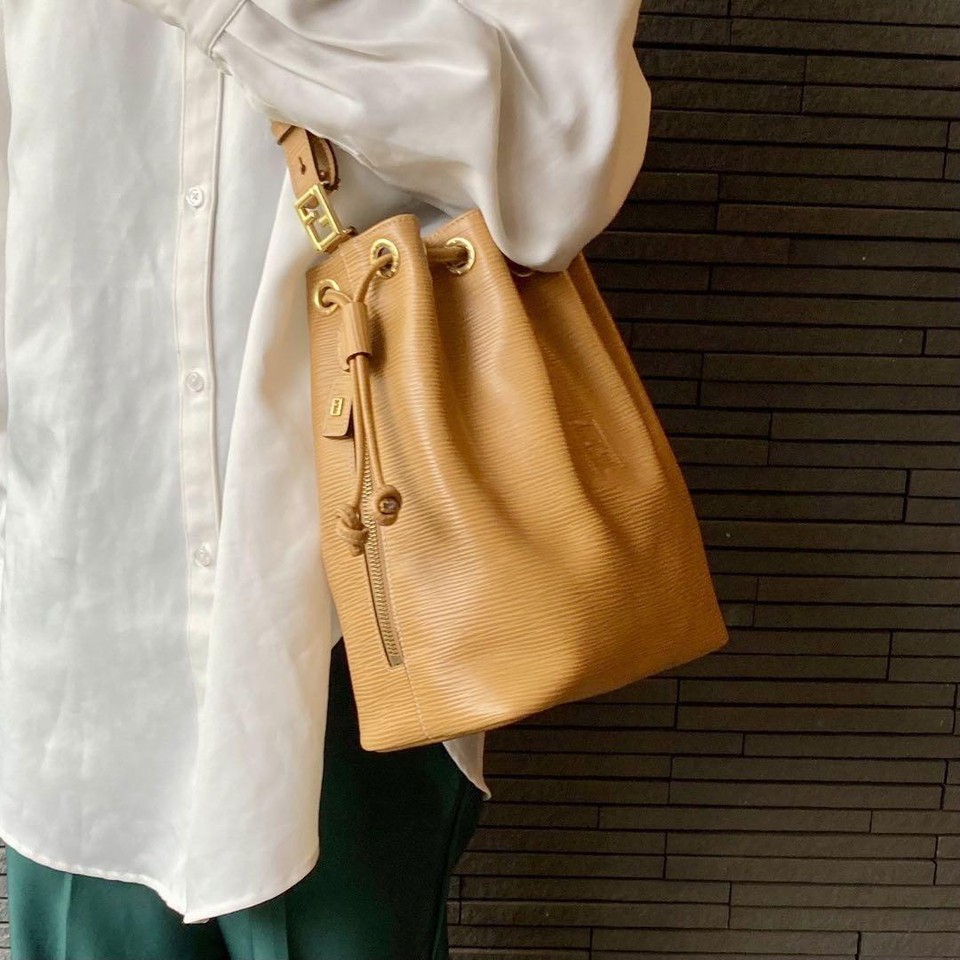 FENDI Shoulder Bag FF Logo Drawstringleather Beige eBay