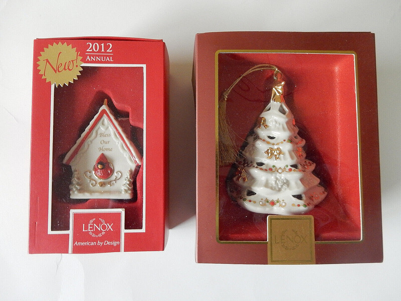 Lenox Ornaments Christmas Tree & Bird House MIB.