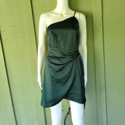 NWT GIANNI BINI Dark Green Satin Wrap Skirt Mini Dress 0 One Shoulder | eBay