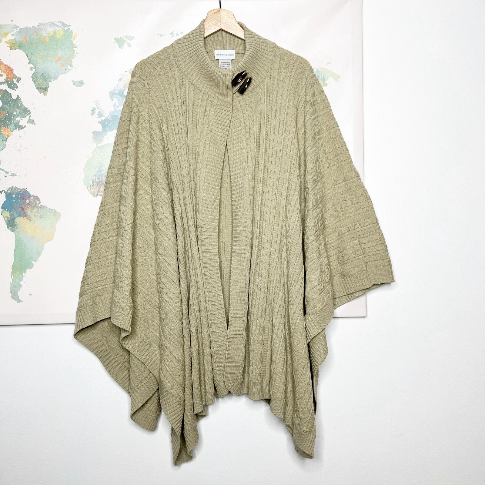 Soft Surroundings Poncho Size Small Medium Sweater Tan Cable Knit Soft Buttons