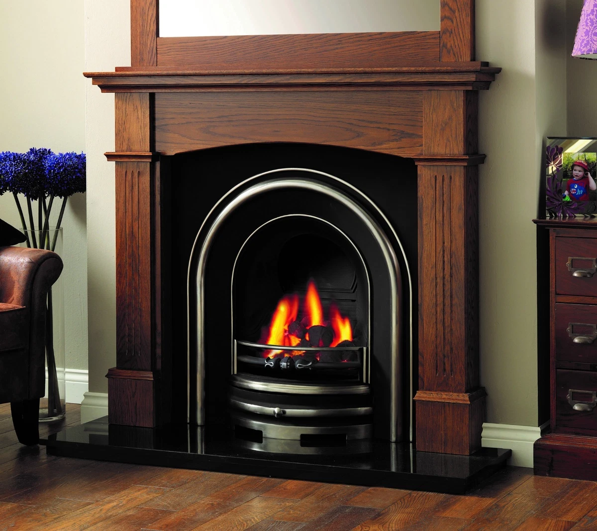 CAST IRON GRANITE DARK OAK WOOD SURROUND COAL FIRE FIREPLACE SUITE - SOLID  FUEL | eBay