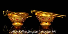 5.2" Old Chinese Bronze 24K Gold Gilt inlay Gems Dynasty Chopsticks Bowl Pair