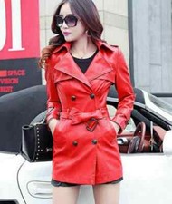 Leather Casual Formal Wear New Women Trench Coat Red Handmade Lambskin Genuine
