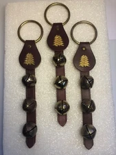 Three (3) 14”  Sleigh Jingle Bells On A Leather Strap Christmas Reindeer 9 Bells