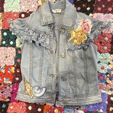 Monnalisa Girls Denim Vest Ruffle Embroidered...